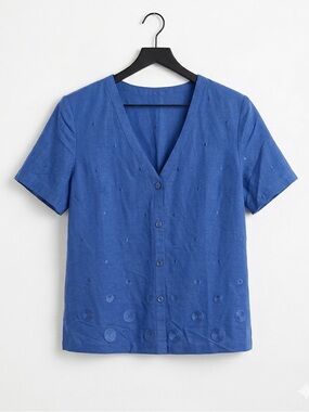 Blue V-Neck Button-Up Women's Top